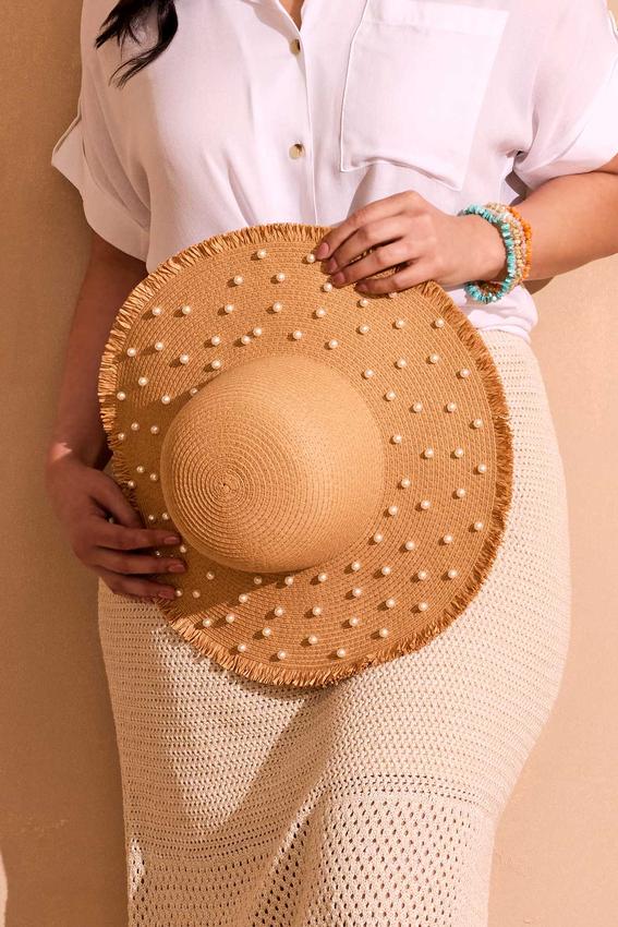 Pearl Embellished Straw Floppy Hat