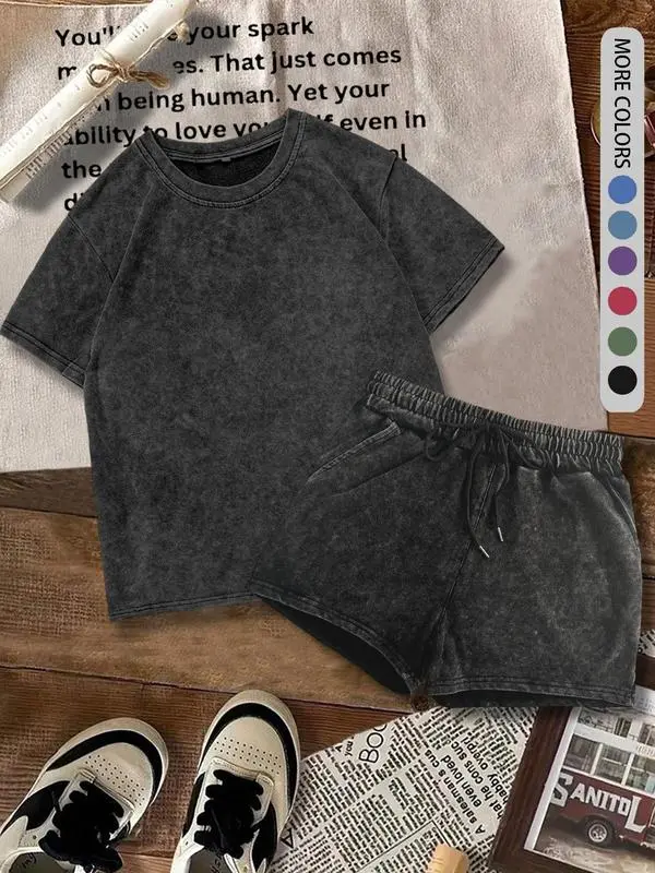 Women's Solid Tee & Denim-Print Shorts Set