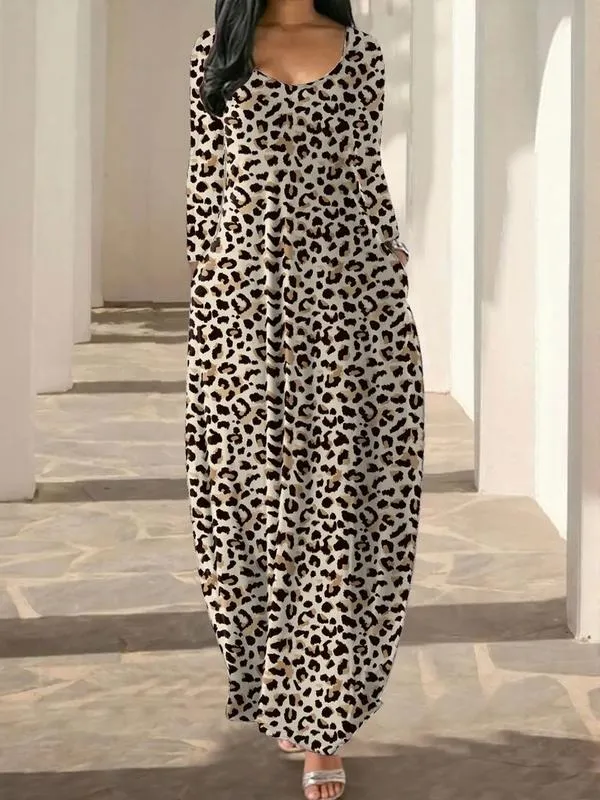Women's Long Nightgown, Leopard Print in Coffee, Casual Round Neck Long Sleeve Pocket Sleepwear