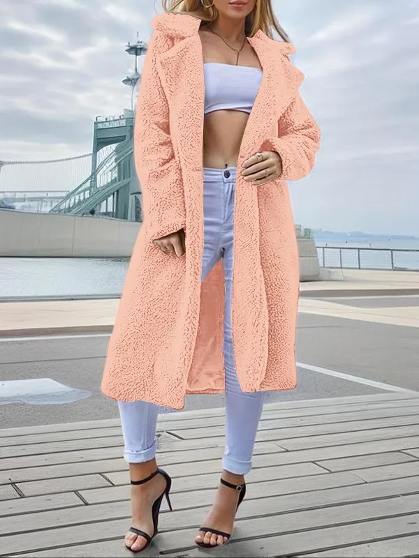 Women's Plain Pocket Button Front Faux Fur Coat