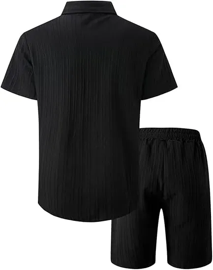 Men'S Solid Textured Short Sleeve Button Front Shirt & Pocket Drawstring Waist Shorts Two-Piece Set, Casual Summer Outfits Clothes Set For Men, Sets For Men Clothing, Menswear,  Summer Outfits Set