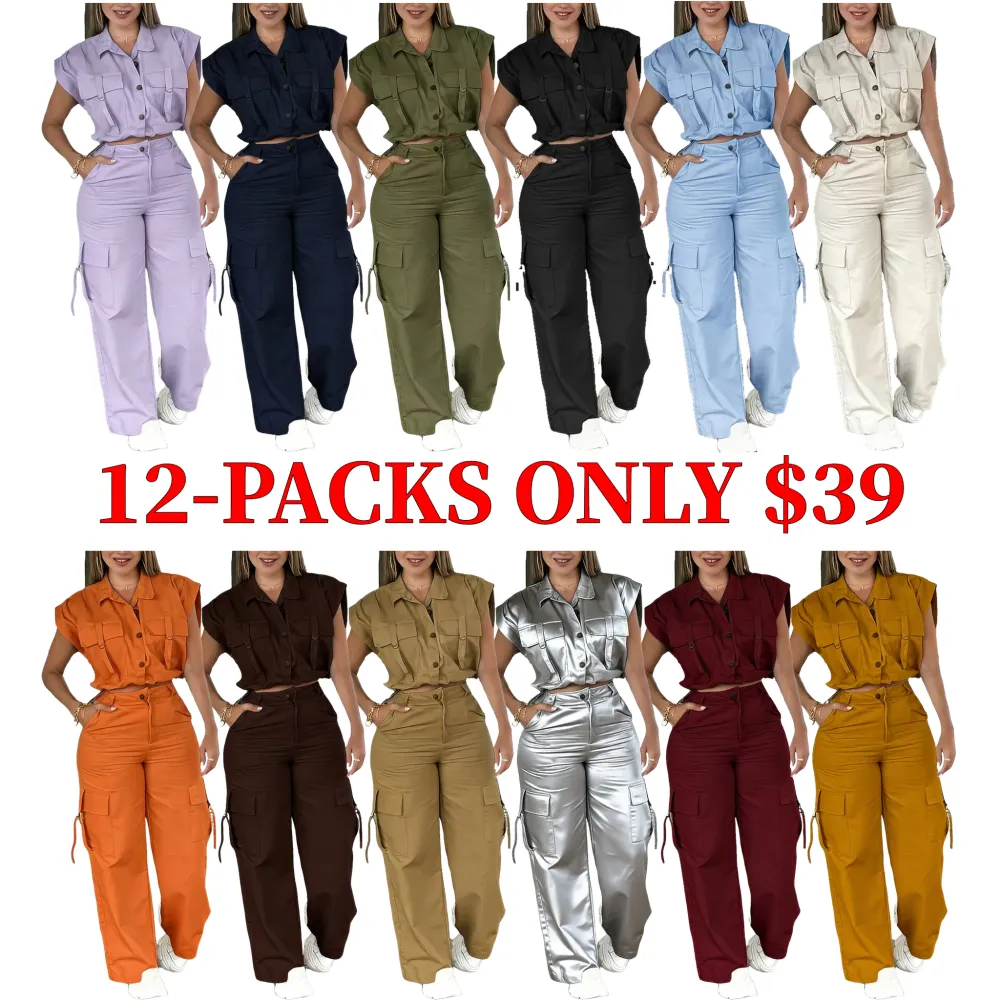 Women's solid-colored button-up vest top paired with cargo pants.