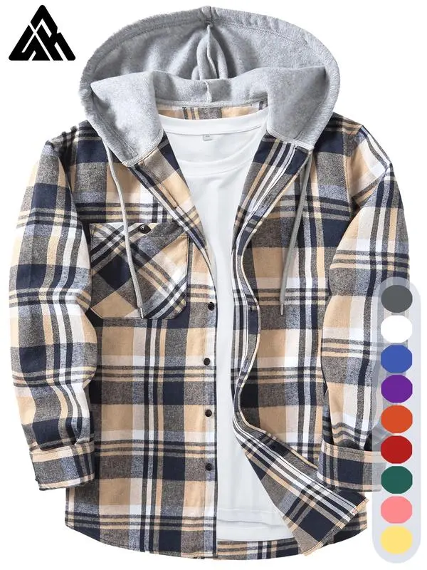 Men's Plaid Print Button Front Drawstring Hooded Shirt, Regular Fit Casual Pocket Long Sleeve Outerwear