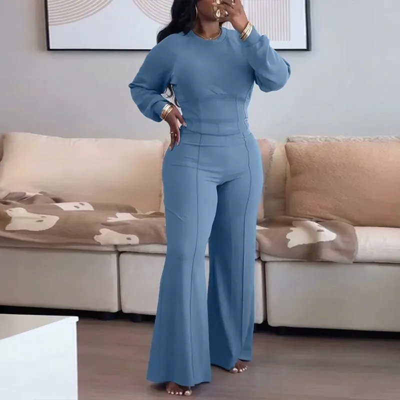 Women's 2 Pieces Outfit O-neck Long Sleeve Cinched Waist Sweatshirt and Elastic Waist Wide Leg Pants Set