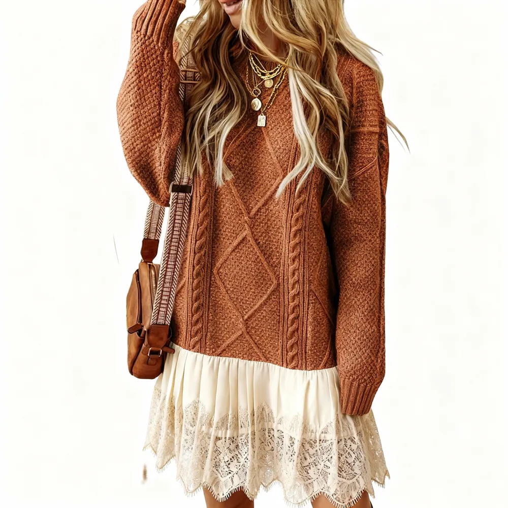 2025 Women's Cable Knit Lace Mini Sweater Dress 2PC