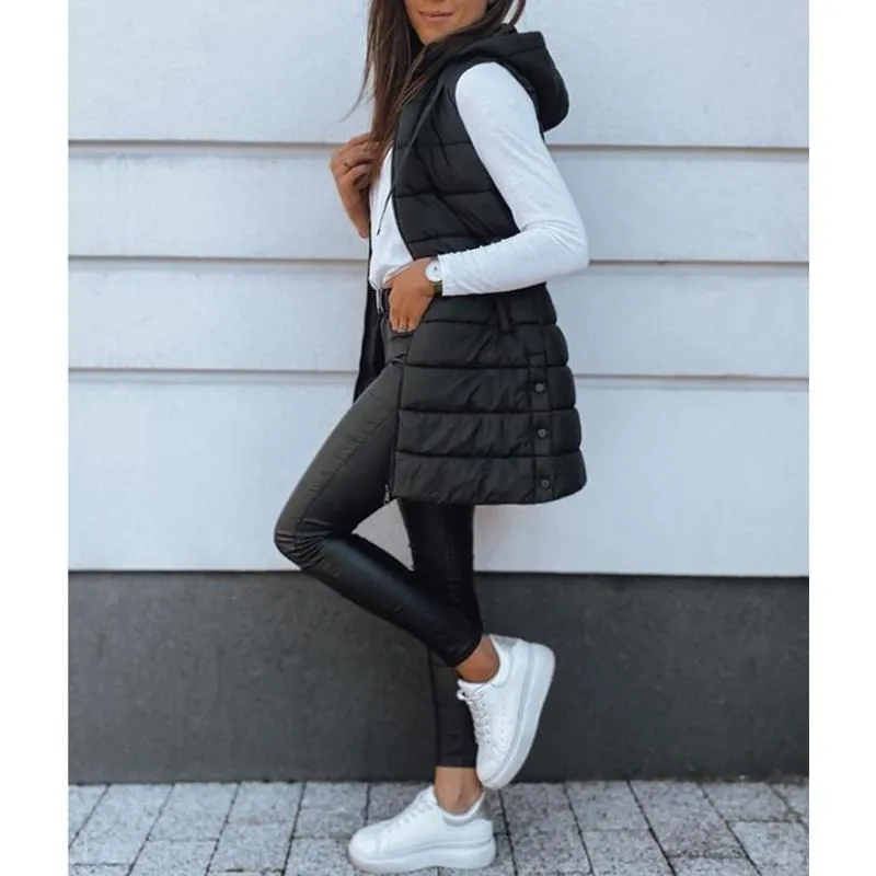Women Long Vest Solid Color Sleeveless Hood Winter Puffer Vest Outwear