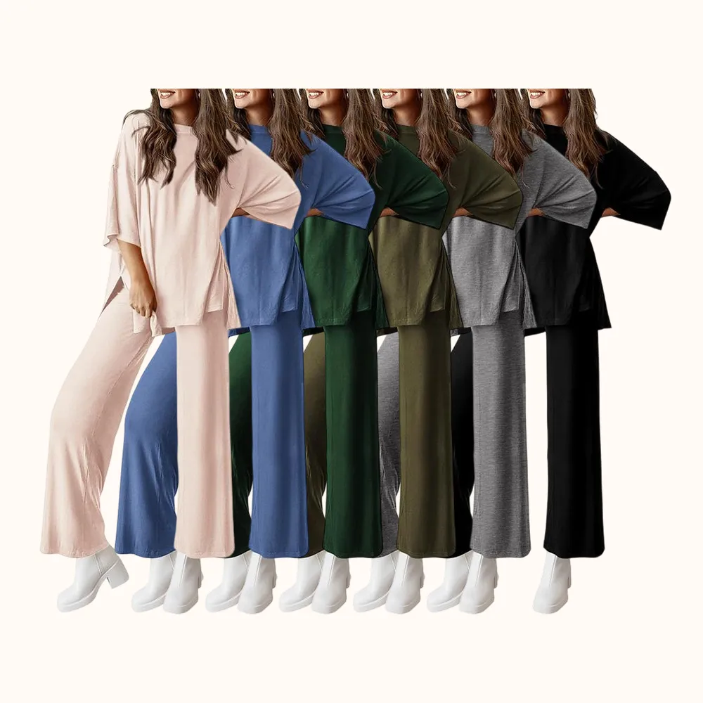 Women's 2-Piece Outfits Short Sleeve Pullover Tops Split Hem Wide Leg Pants Lounge Sets