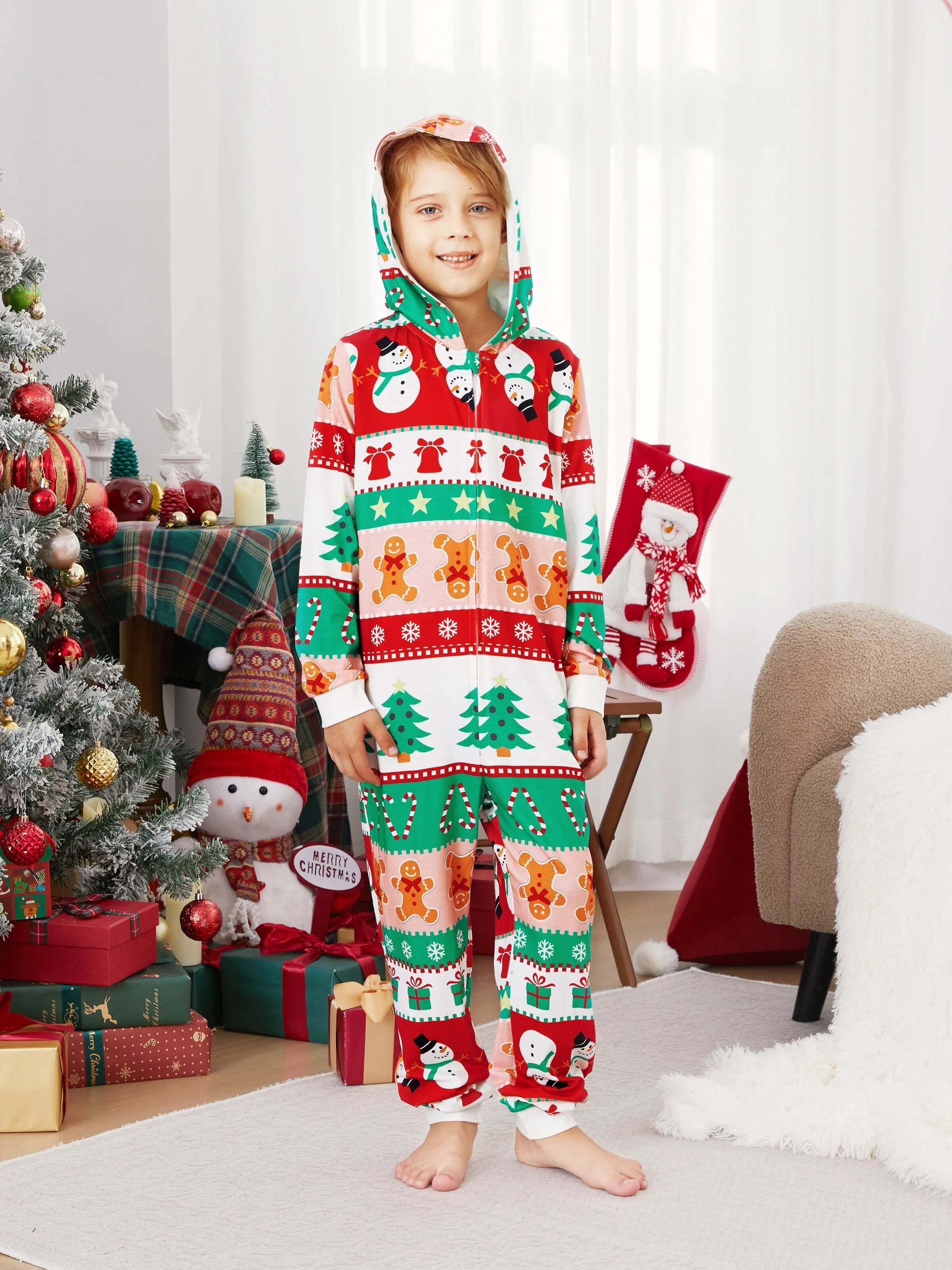 Onesies Pajamas Matching Christmas Outfits Allover Pattern Zipper Front Holly Jolly Print with Christmas Socks Back MultiColour