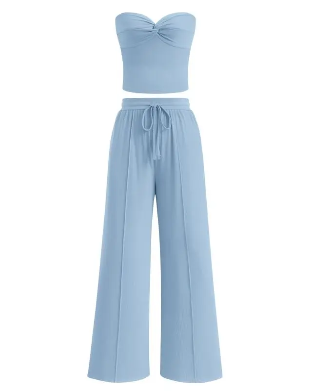 Two-Piece Sets For Women Summer Ribbed Strapless Twist Knot Tube Top Pants Set