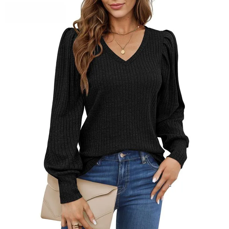 Women's Knit Shirt Soft Puff Long Sleeve Blouse Tops