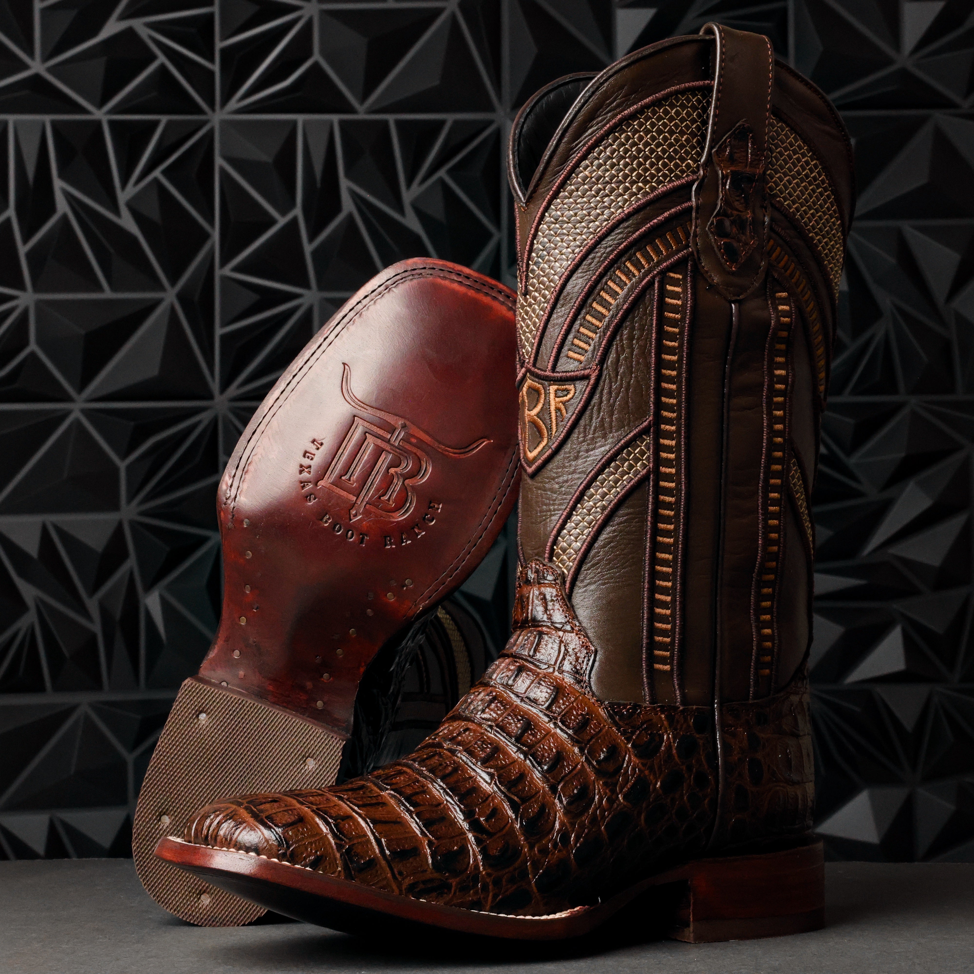 Brown Caiman Hornback Leather Boots - Square Toe