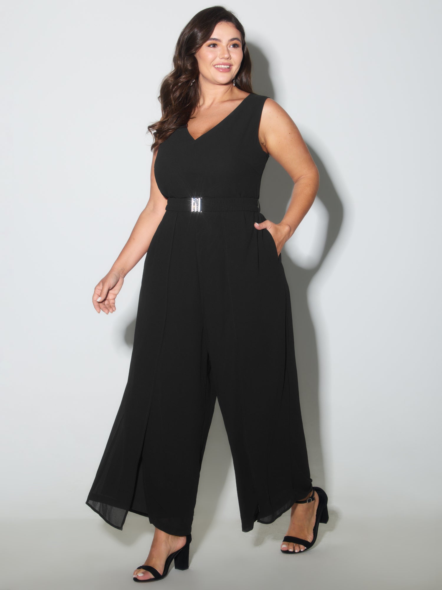 Metallic Buckle Layered Hem Slit Jumpsuit