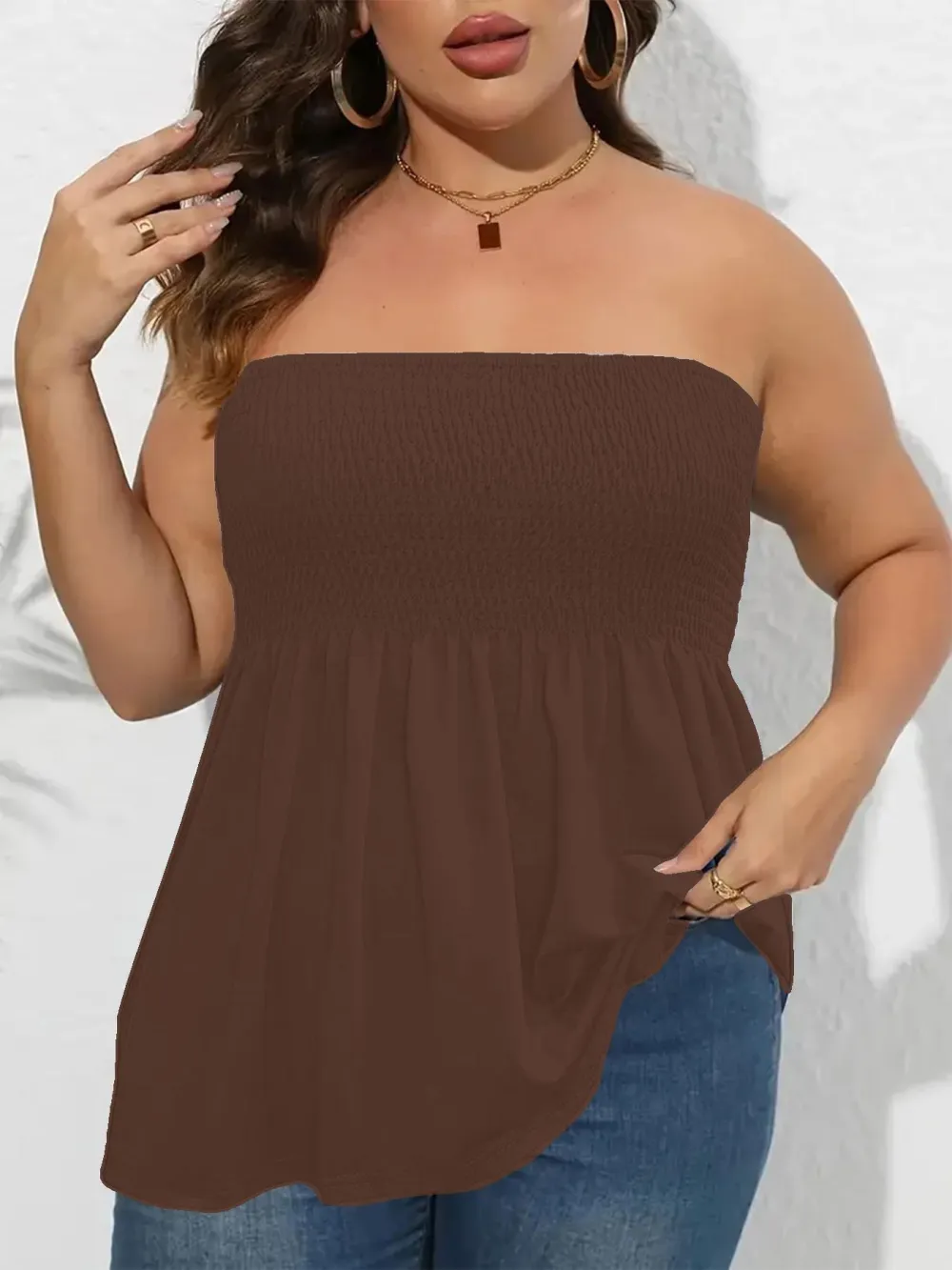 Plus Size Solid Ruffle Hem Shirred Tube Top, Boho Fashion Chic Style Tops, Lady Strapless Top