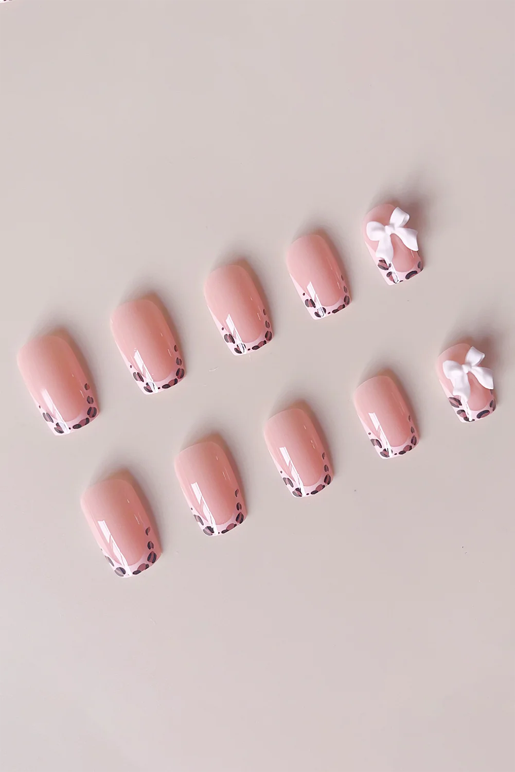 Pink Leopard French Tip Bow Decor Square Nail Stickers