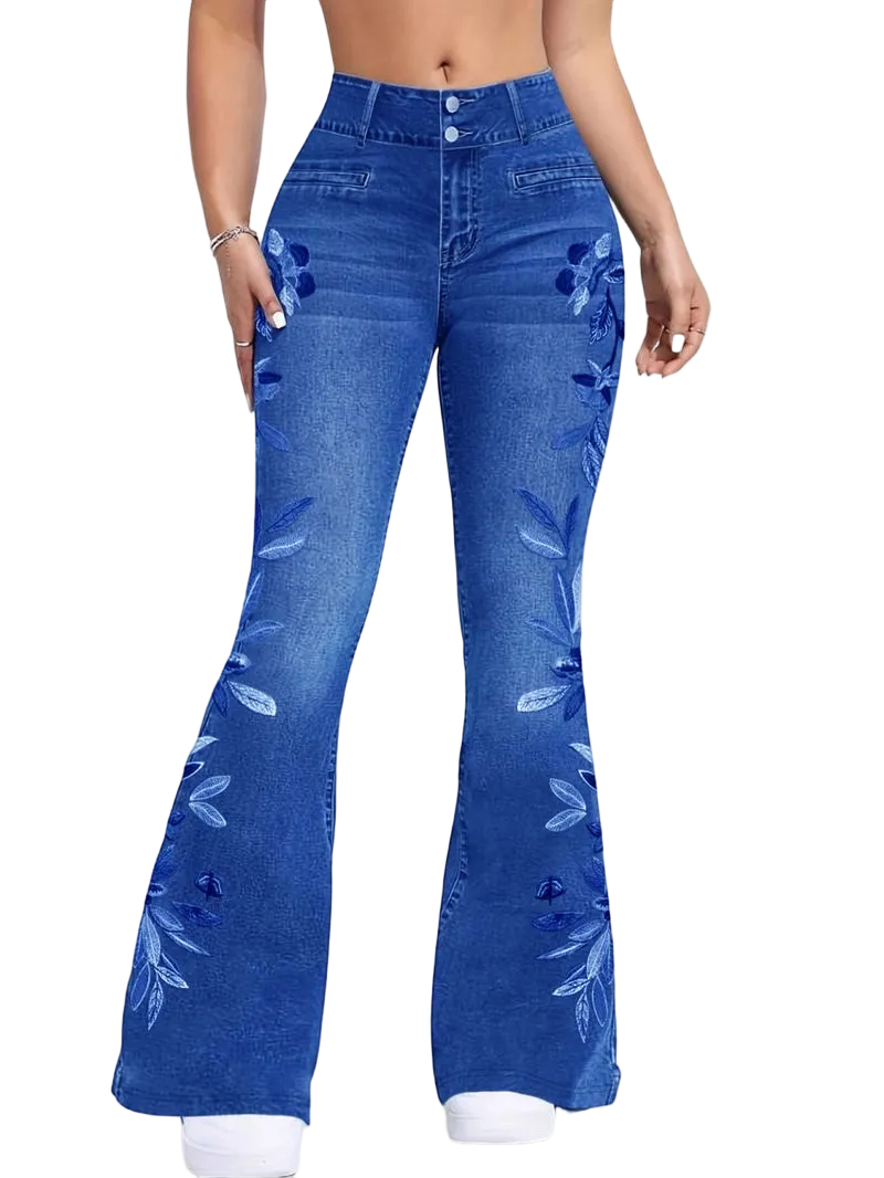Women's denim printed flared pants