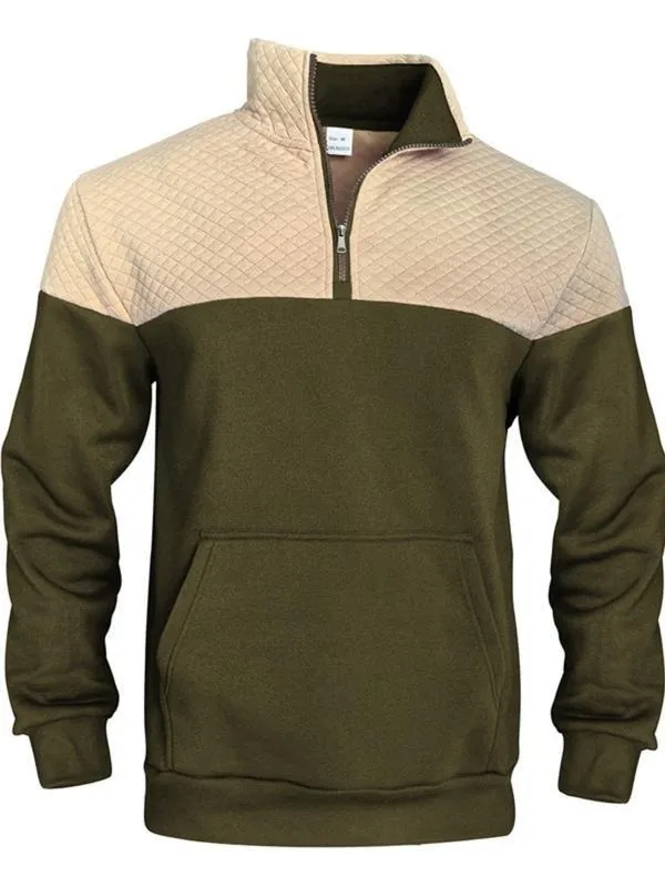 Men's Fall/Winter Patchwork Design Casual Stand-Up Collar Zipper Hoodie Stylish Commuter Sweatshirt