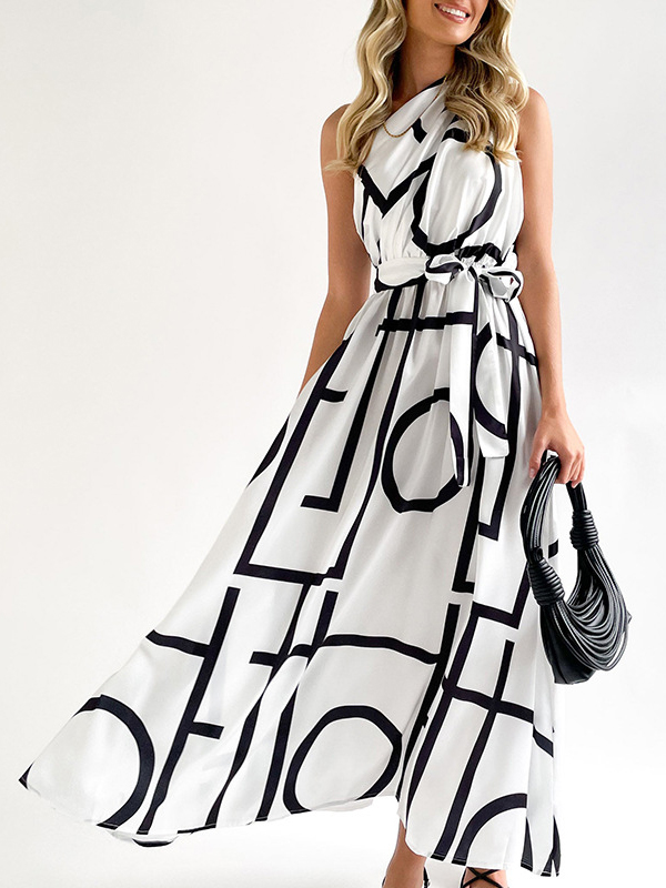 Bandage Contrast Color Hollow Printed Loose Sleeveless One-Shoulder Midi Dresses