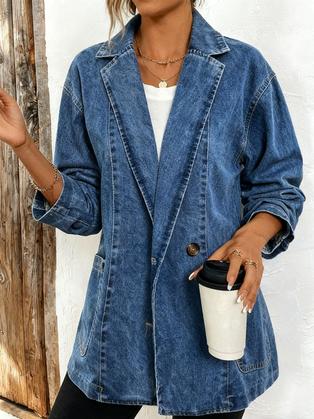 Elegant Commuter Slim Fit Suit Collar Solid Color Cardigan Denim Jacket