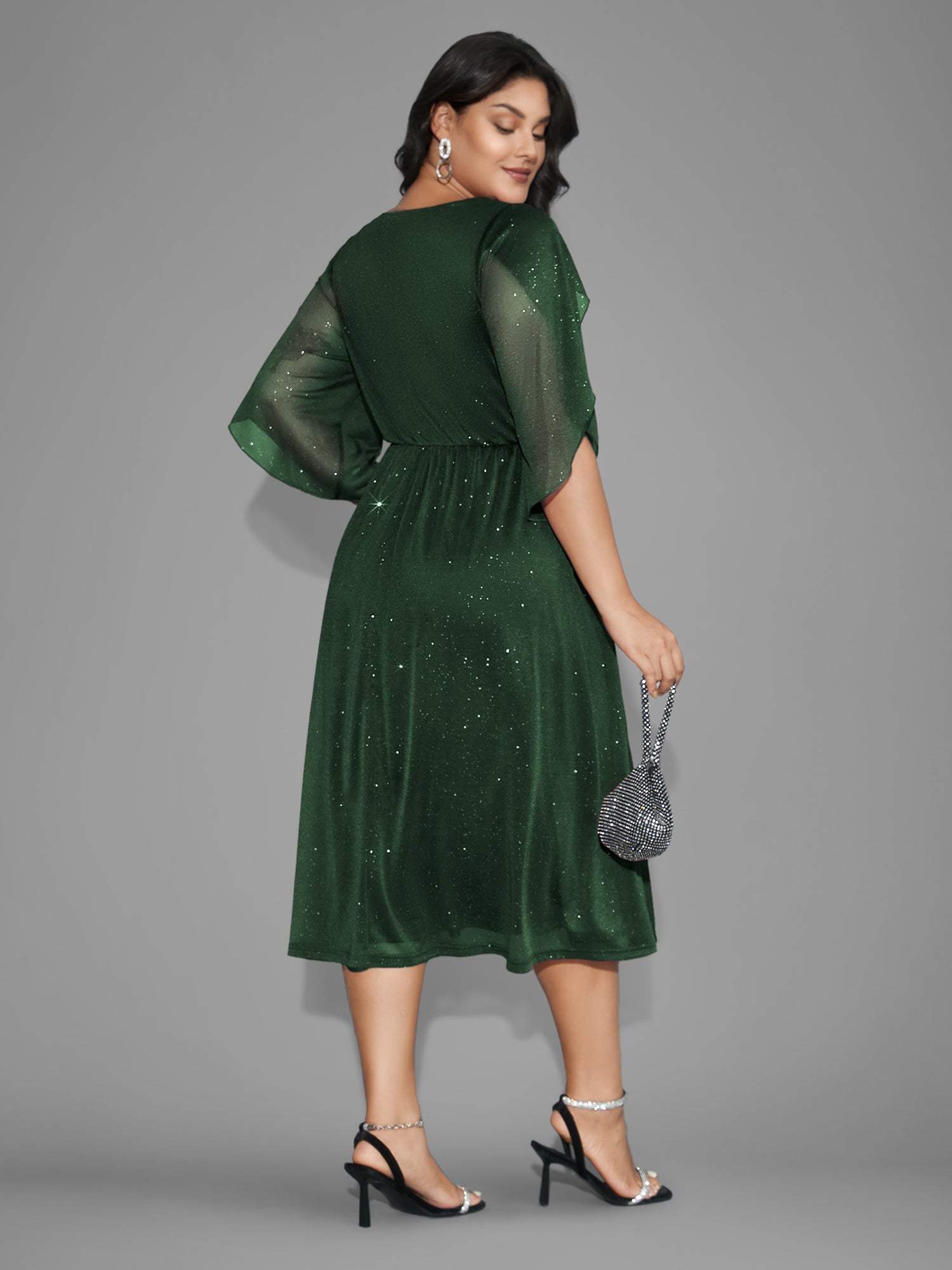 Glitter Mesh Petal Sleeve Midi Dress