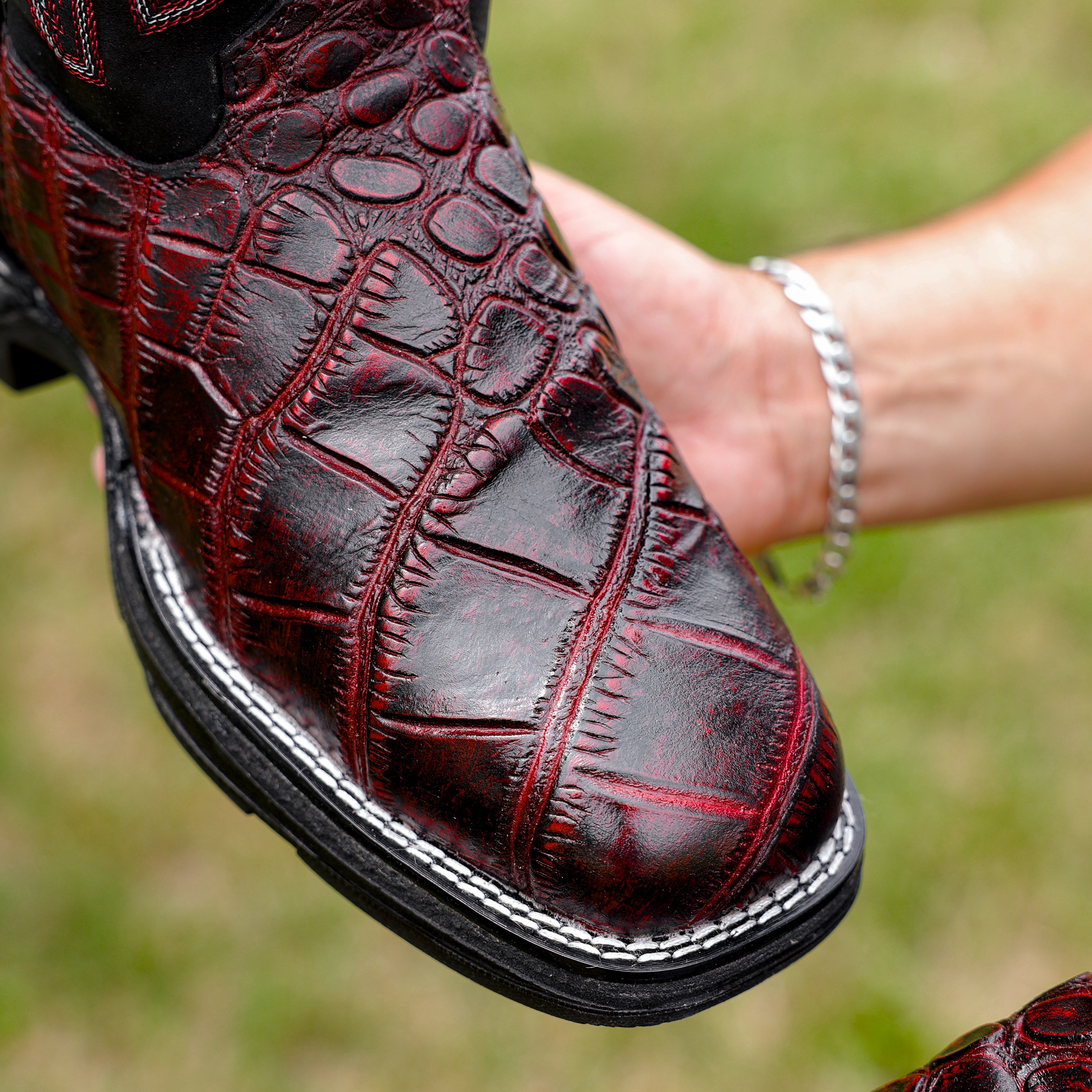 Black Cherry Caiman Belly Leather Boots With 3D Lightweight Sole - Composite Toe