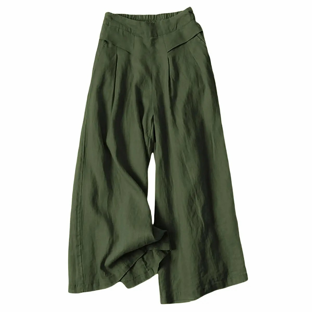 【Stock Up Deals】Women's Cotton Linen Culottes Pants Elastic Waist Wide Leg Palazzo Trousers Capri Pants with Pockets