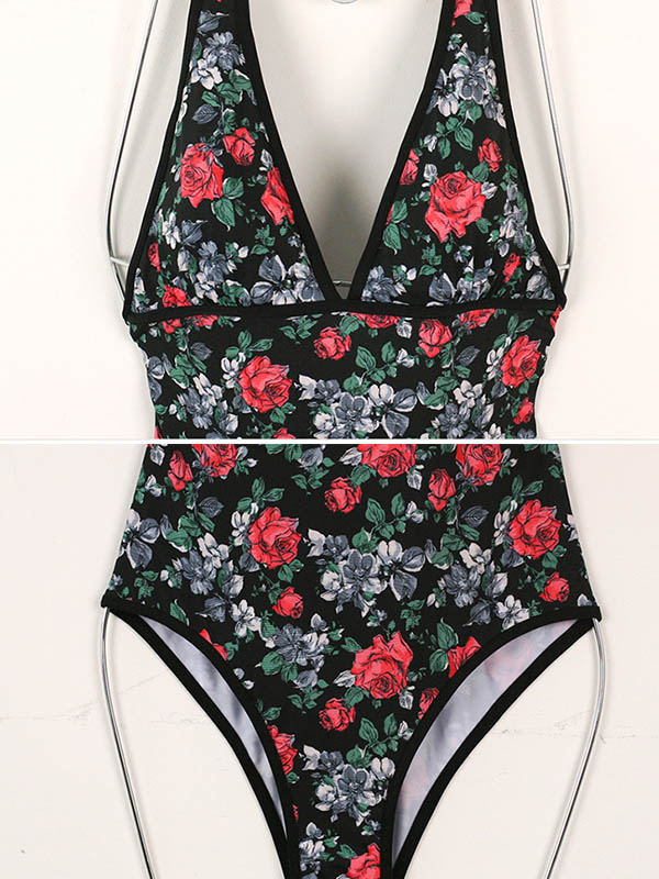 Deep V-Neck Floral Print Backless One-Piece Swimwear