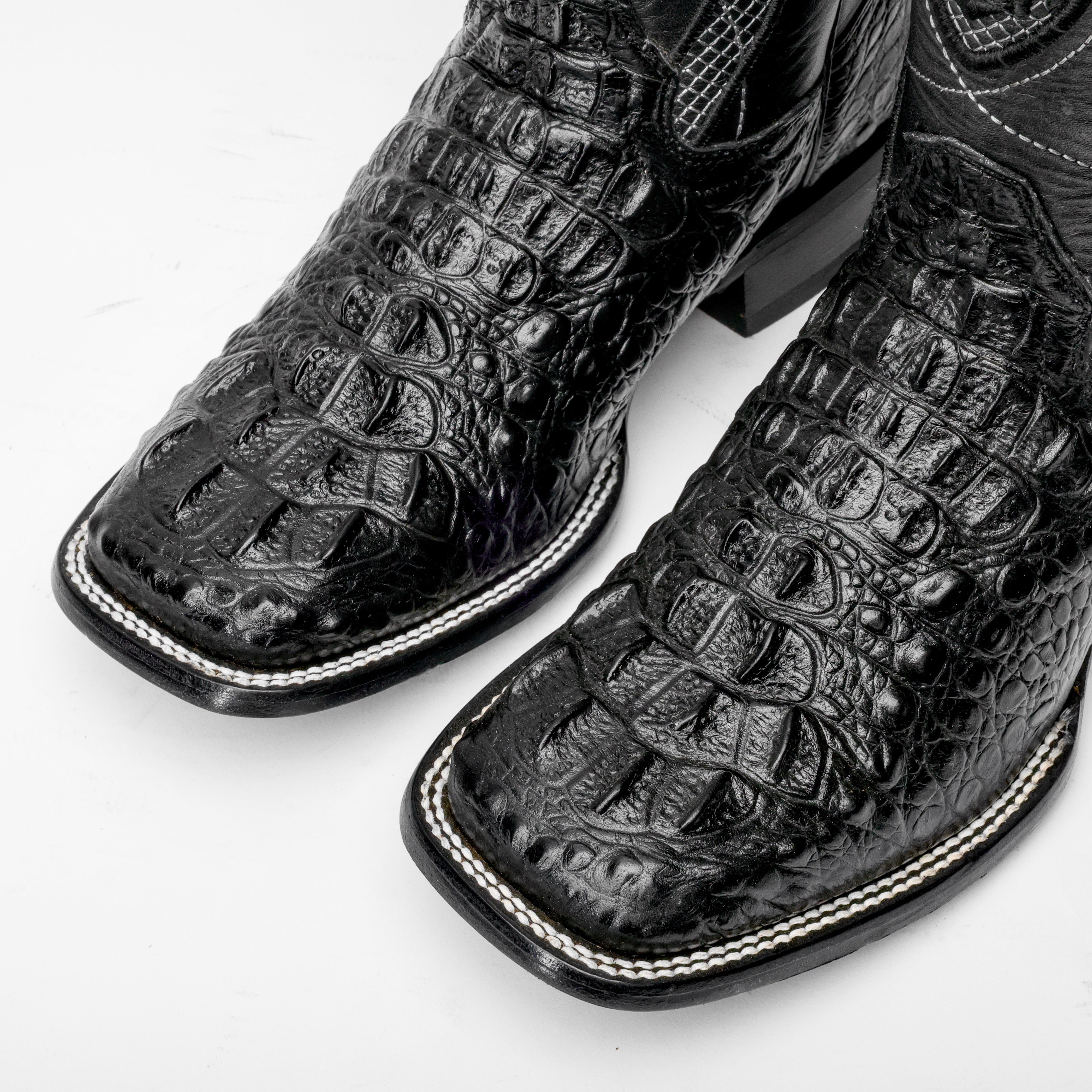 Black Caiman Neck Leather Boots - Square Toe