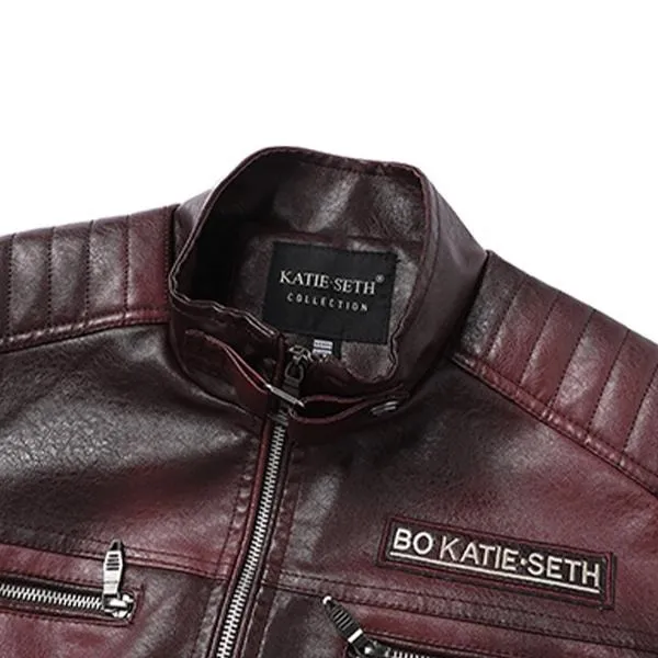 Men's Wine Red PU Leather Motorcycle Jacket - Quilted Details, Multiple Zippers