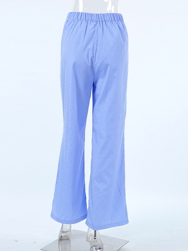 Buttoned Elasticity Split-Joint Striped Loose Wide Leg Trousers Pants