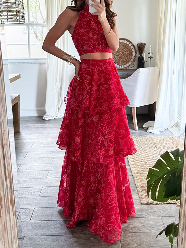 Sleeveless Floral Vest Split-Joint Ruffled Skirt Two-Piece Set