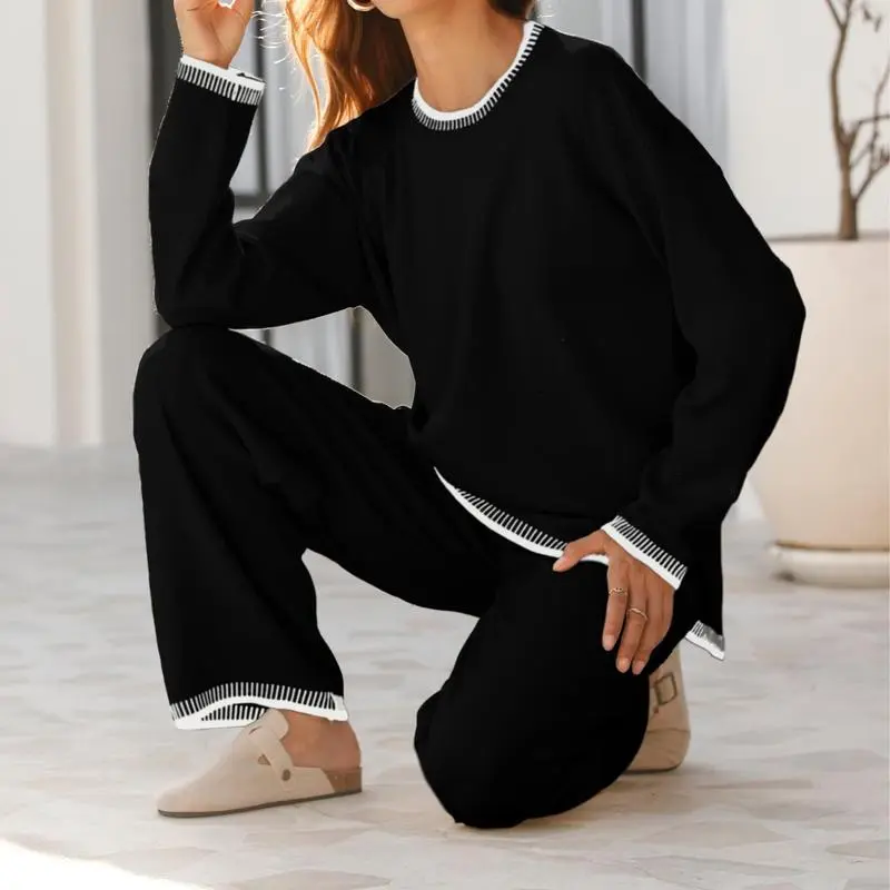 Chic Crew Neck Sweater & High Waist Loose Pants Casual Outfit