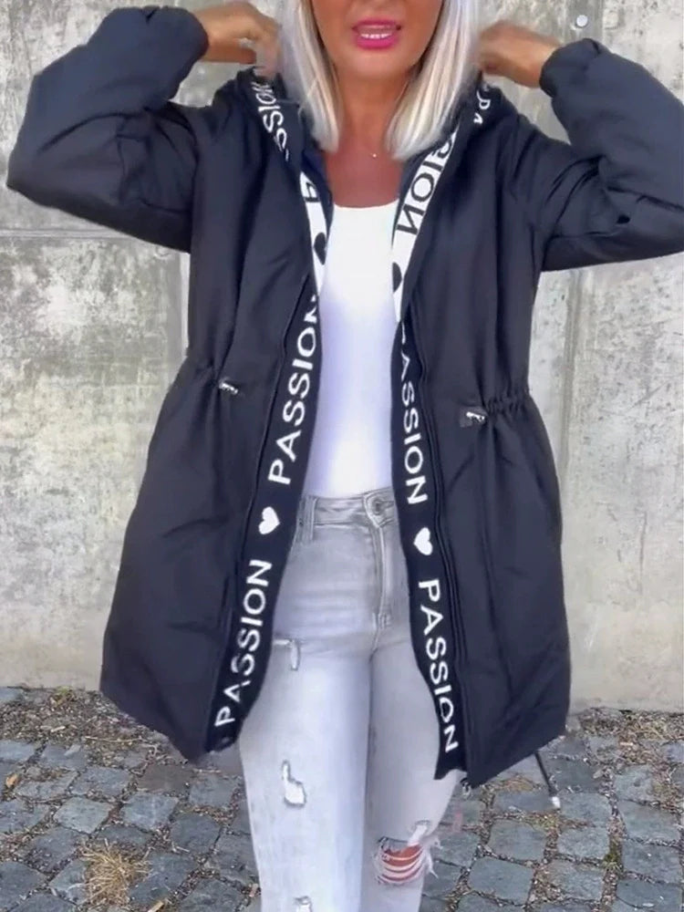 Women Hooded Letter Print Casual Coat