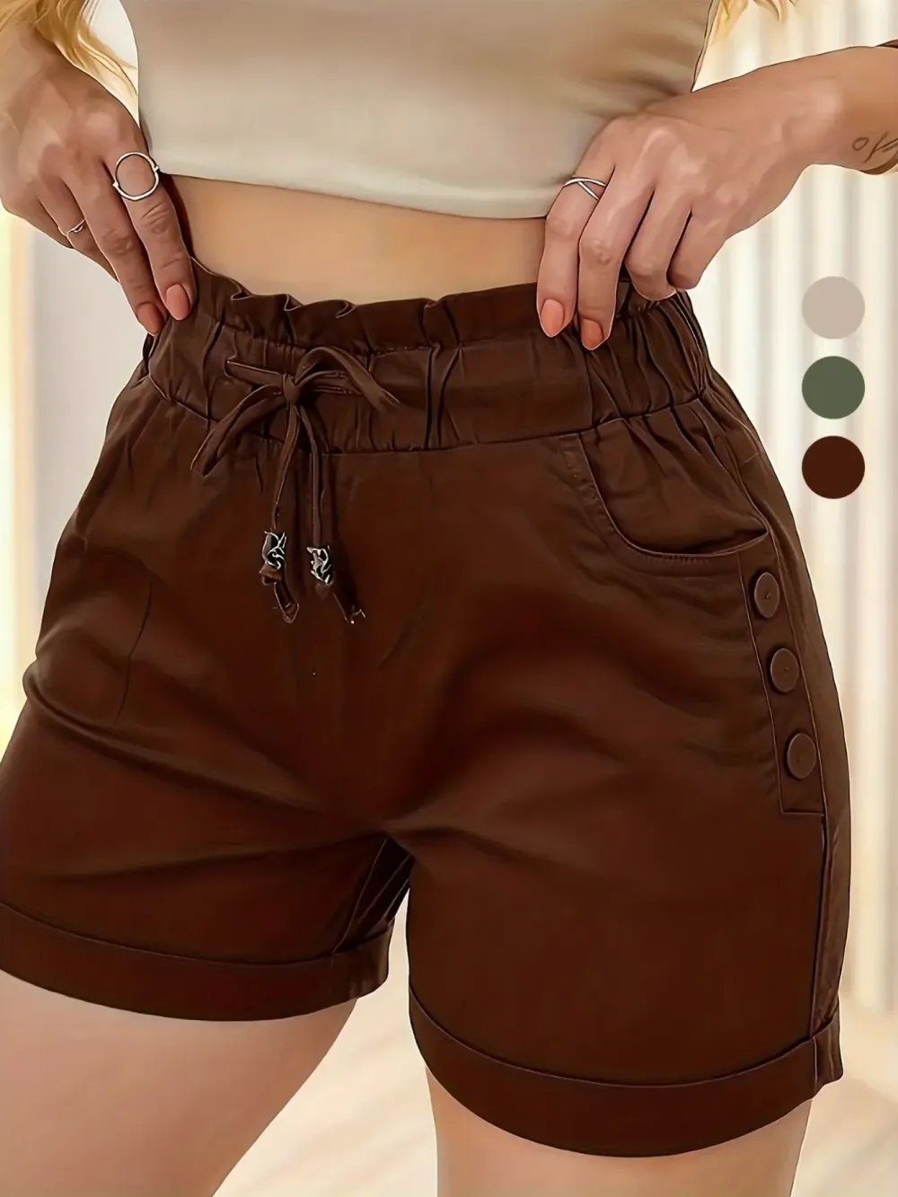 Women's Solid Button Pocket Cargo Fitted Shorts, Casual Elastic Waist Shorts for Summer