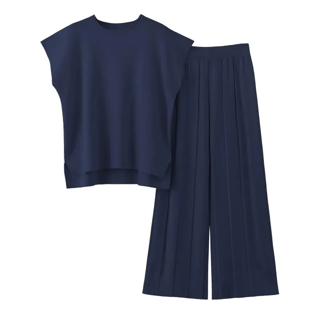 Lounge Sets for Women Two Piece Outfits Knit Cap Sleeve Tops Wide Leg Pleated Pants Casual Dressy Sweater Sets