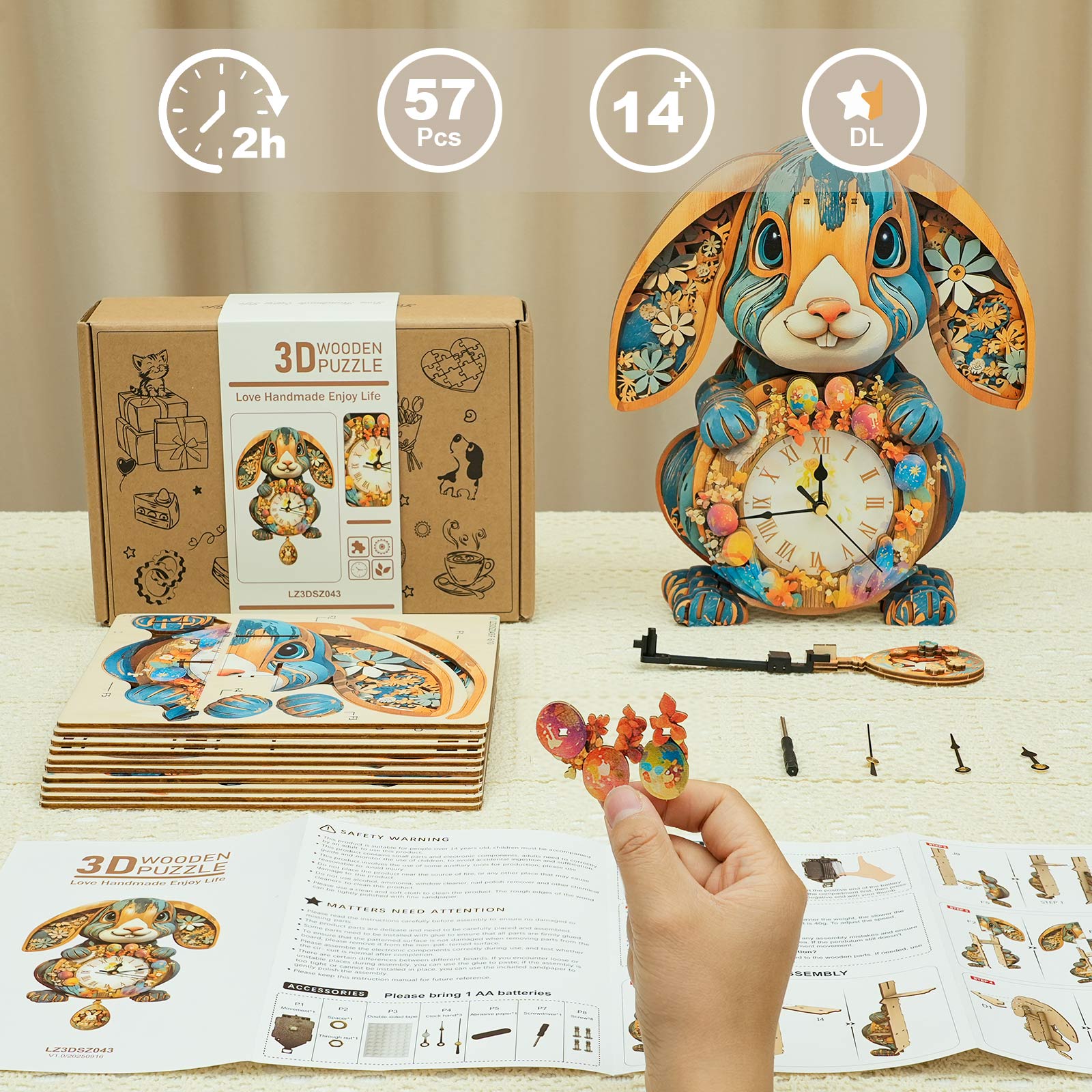 Rabbit– DIY Wooden Clock, 3D Puzzle Craft Kit