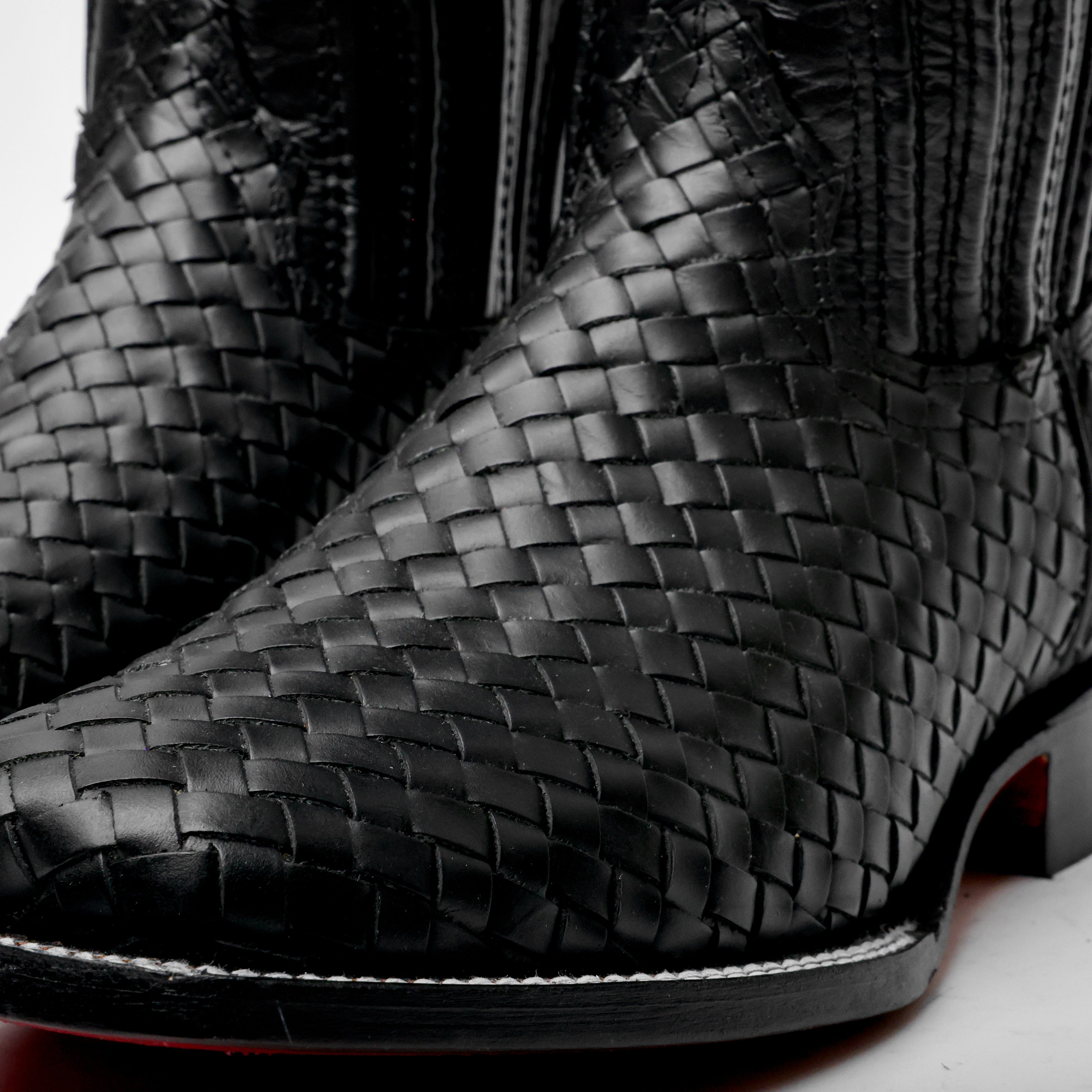 Black Basketweave Leather Boots - Square Toe