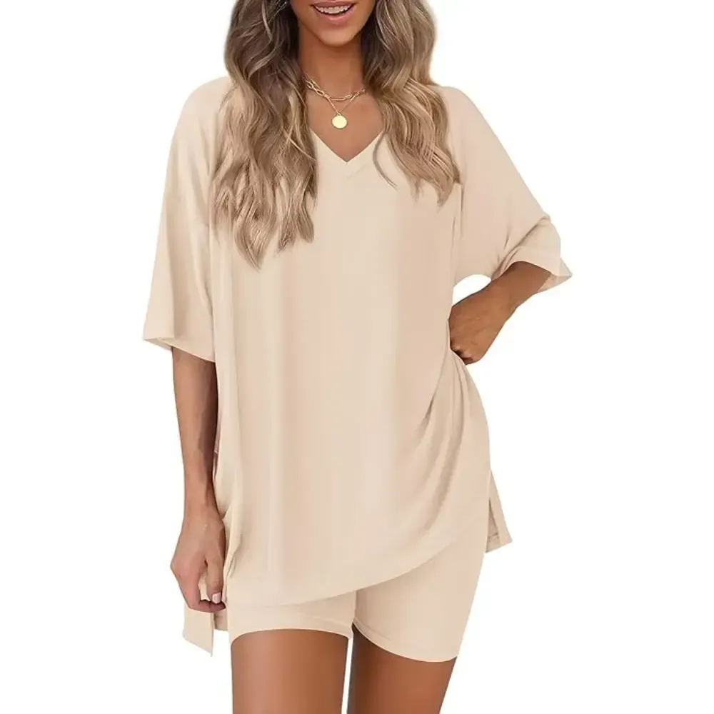 Crewneck Two-Piece Set For Women Summer Casual Oversized Split Hem Shirts