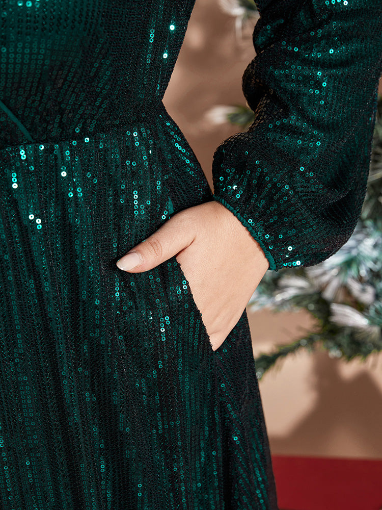 Solid Pocket Lantern Sleeve Wrap Sequin Dress