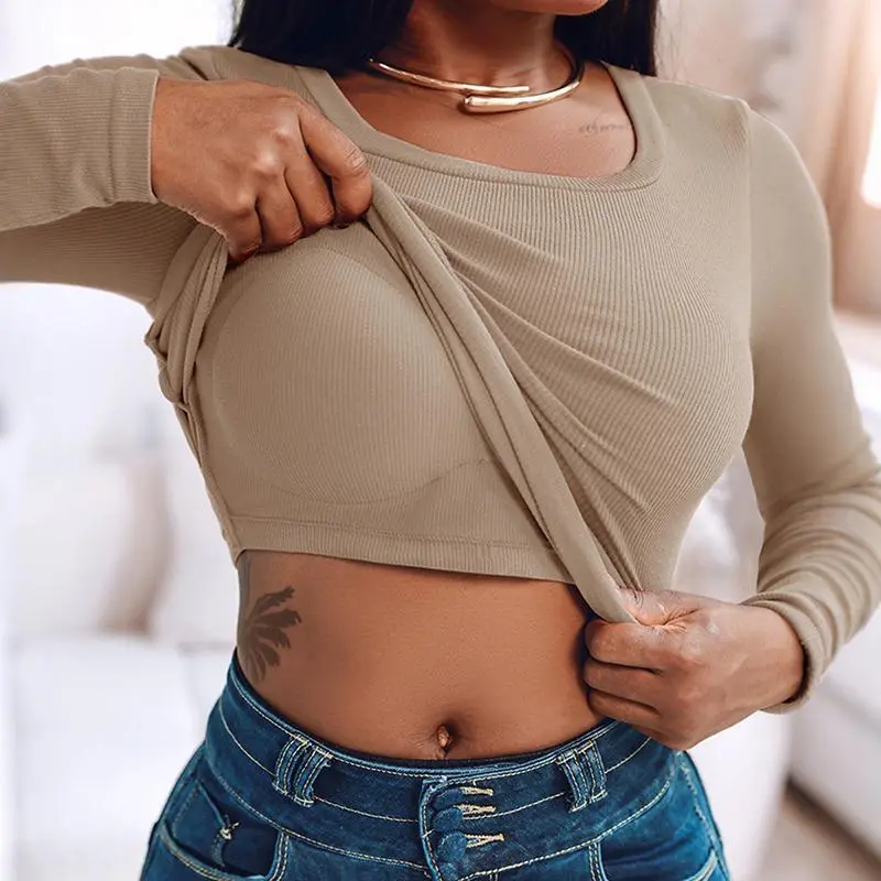 Round Neck Built-in Bra Ribbed Tank Top