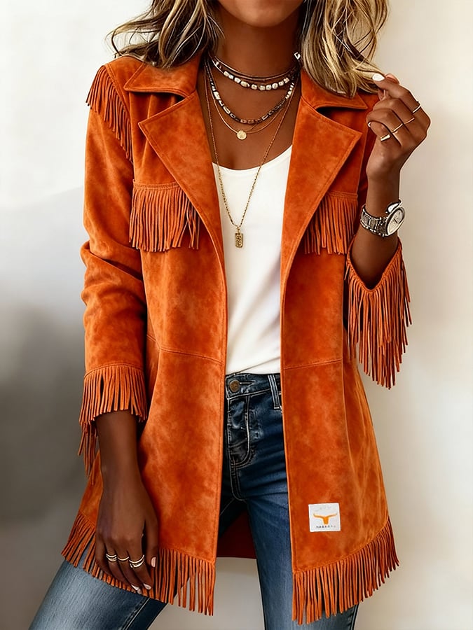 Women's Casual Lapel Long-Sleeved Tassel Jacket