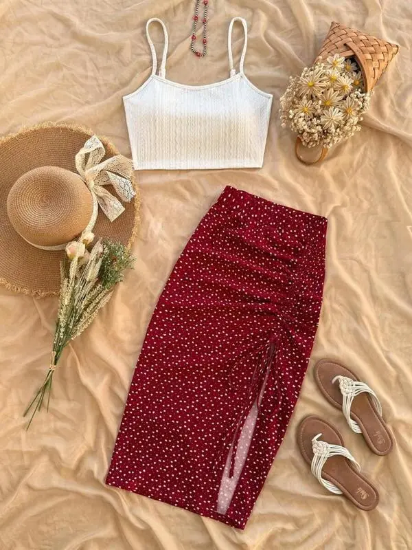 Women's Plain Cami Top & Ditsy Floral Print Ruched Drawstring Skirt