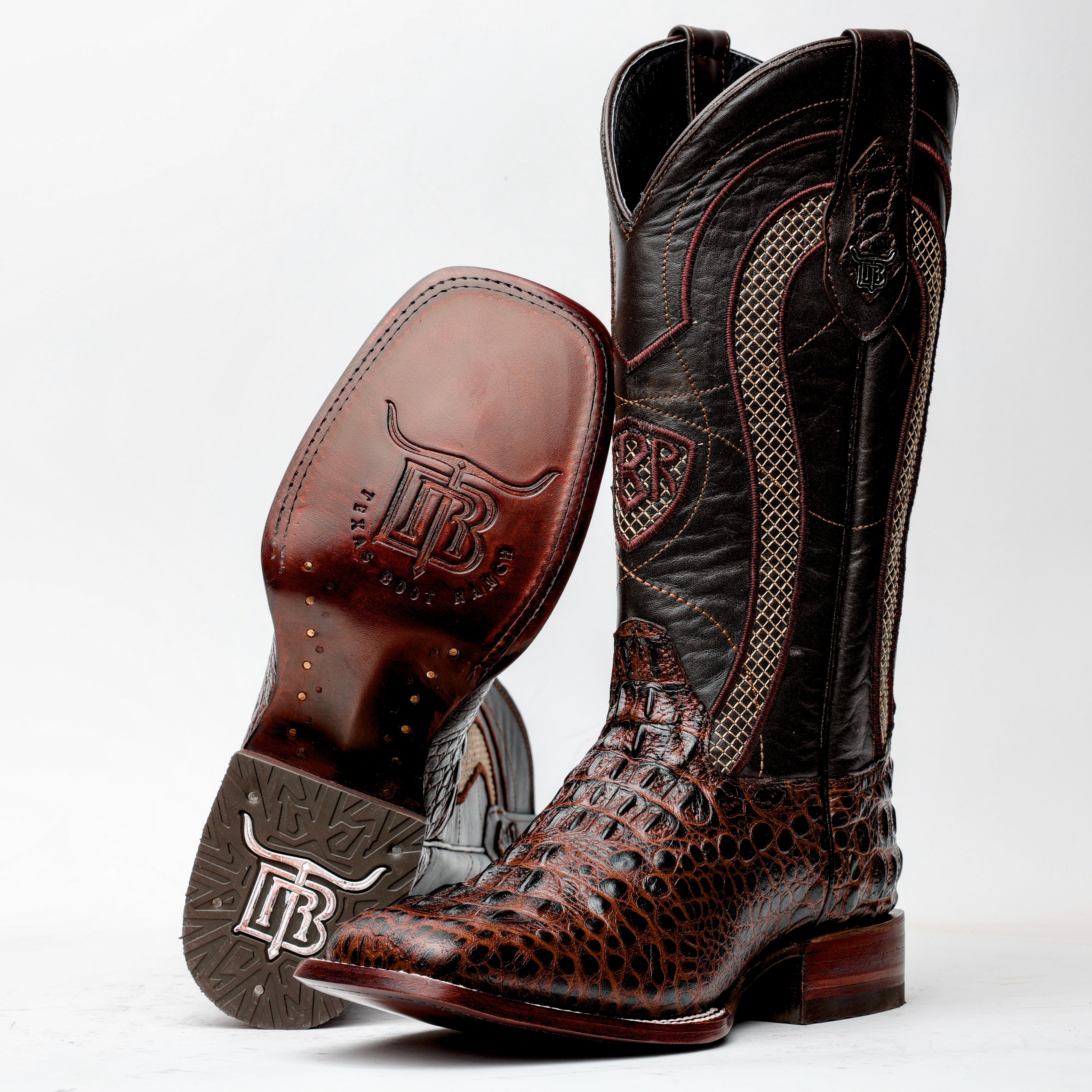 Brown Caiman Neck Leather Boots - Square Toe
