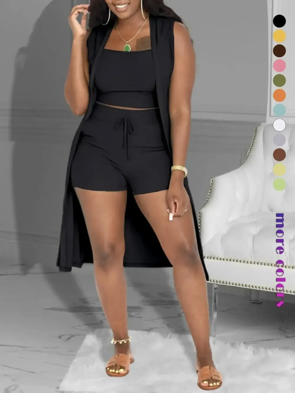 Women's Ombre 3-Piece Outfit Set | Cropped Vest, Shorts & Kimono Cover-Up, Summer Beach & Lounge Wear