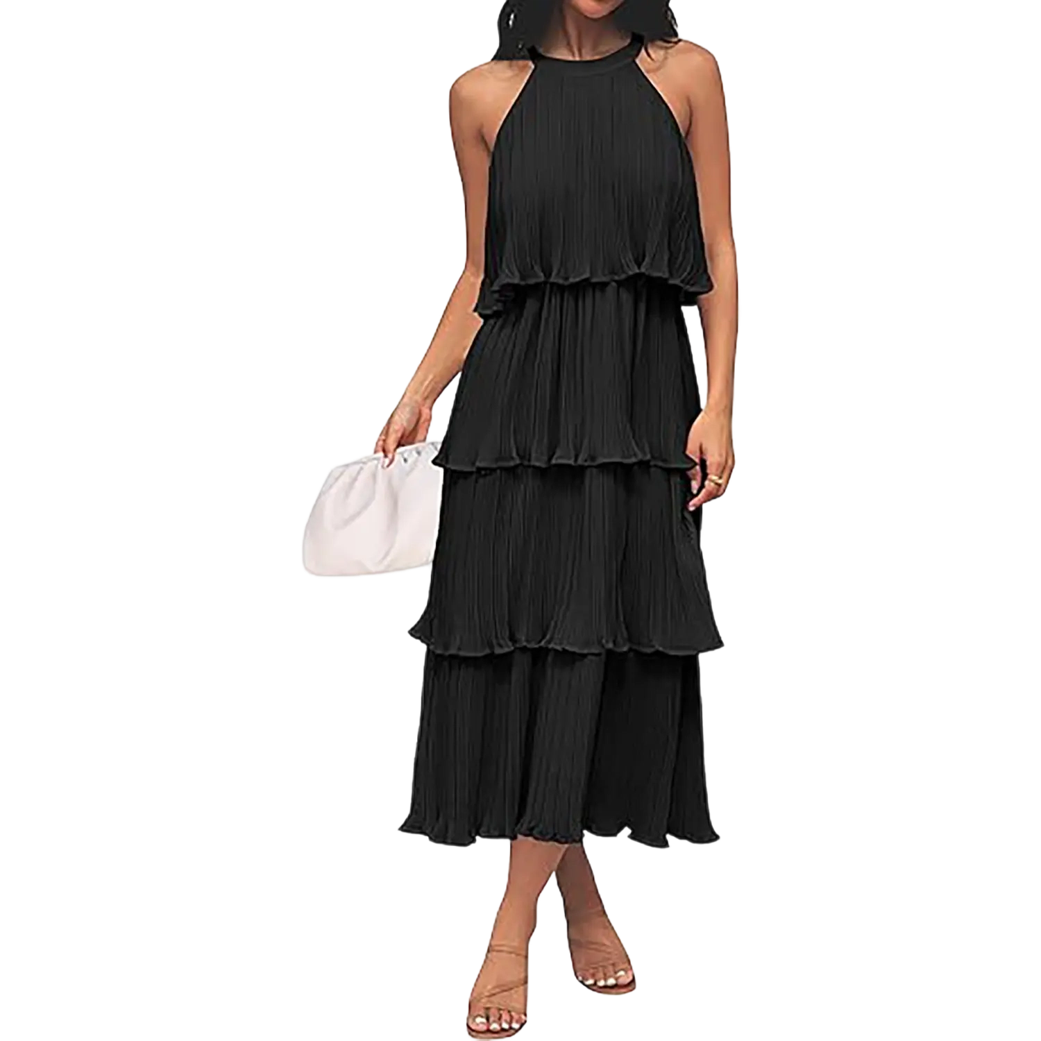 Women's 2025 Summer Sleeveless Halter Neck Ruffle Tiered Layed Chiffon Flowy Swing Long Midi Dress