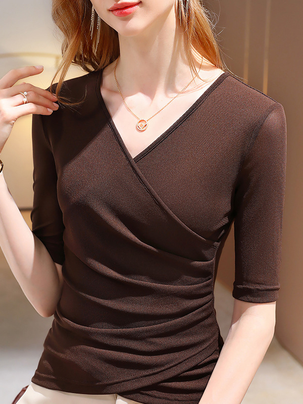 Asymmetric Pleated Solid Color Split-Joint Half Sleeves Plus Size V-Neck T-Shirts Tops