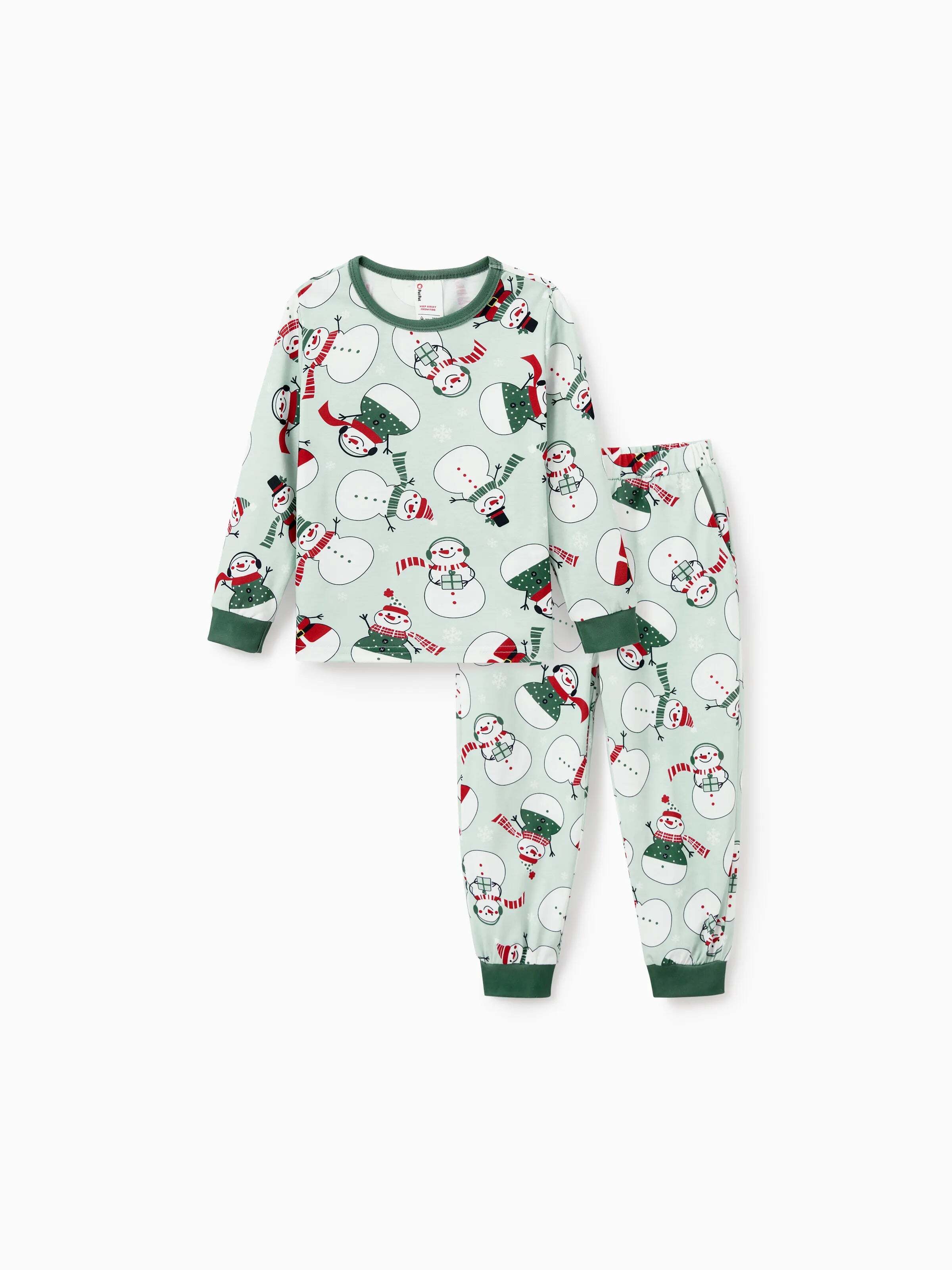 Christmas Matching Family Pajamas Set Christmas Snowman Print PJS with Christmas Socks Mint Green