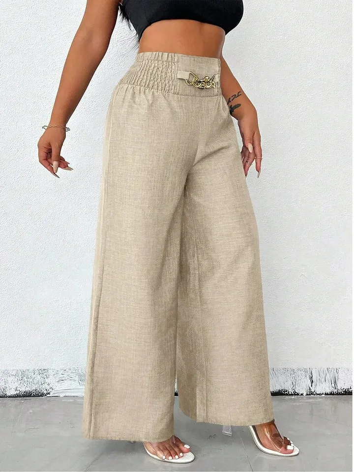 Women's Solid Color High-Waisted Pants, Stretchable Loose-Fitting Wide-Leg Trousers