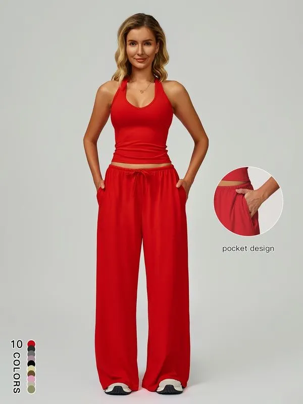 Women's Solid Crop Tank Top & Wide Leg Pants Set
