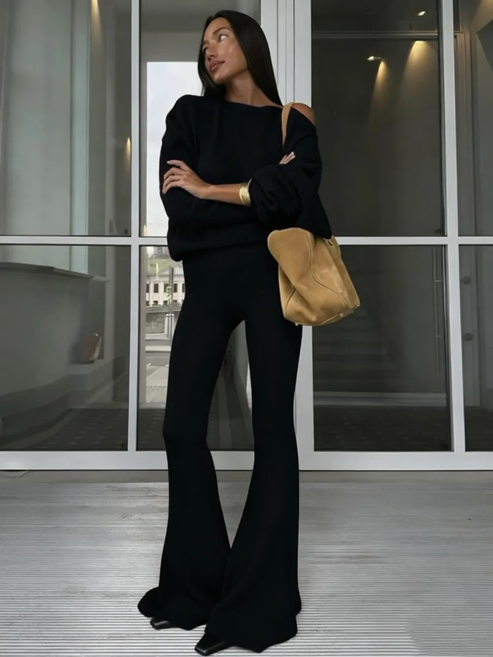 Women's Solid Asymmetrical Neck Top & Flare Leg Pants Set