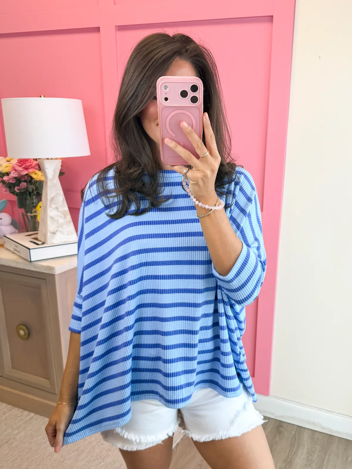 Spring Striped Raised Rib Easy Fit 3/4 Sleeve Top